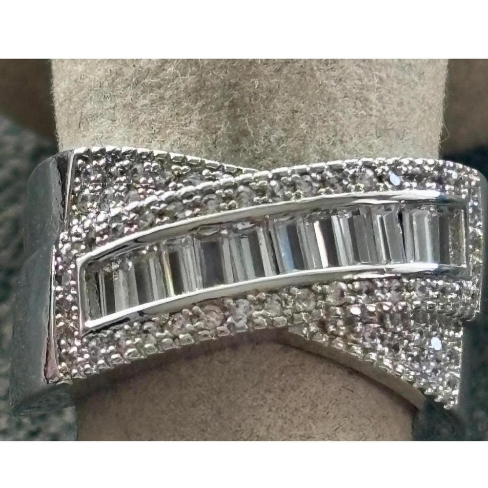 Ring Silver Tone Cubic Zirconia Baguette Crossover Statement Style New 7 - Picture 3 of 6